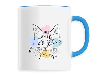 CatLoves mug, hearts cat mug, love; pastel, multicolored