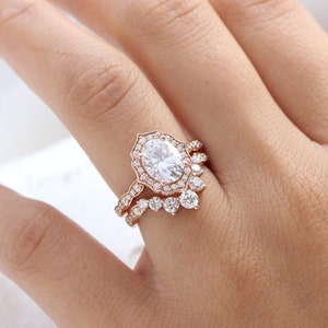 Oval Diamond Engagement Ring Set - Dainty Art Deco Bridal Set - Gift for Her - Three Ring Diamond Proposal Set - valentine Day Gift for her