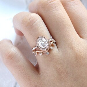Unique Moissanite Engagement Ring Set Floral Ring Rose Gold Ring Set Leaf Ring Bridal Set Diamond Ring Cluster Ring Vintage Rings for Women