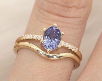Art Deco Natural Blue Tanzanite Engagement Ring Set 14k Gold Tanzanite Wedding Promise Ring Set Antique 2 Bridal Ring Set, Anniversary Gift