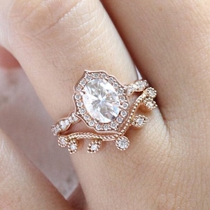 Unique Moissanite Engagement Ring Set Floral Ring Rose Gold Ring Set Leaf Ring Bridal Set Diamond Ring Cluster Ring Vintage Rings for Women