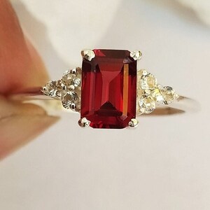 Natural Red Garnet Ring 14k Gold Engagement Ring & Sterling Silver Garnet Ring January Birthstone Emerald Cut Ring Garnet Solitaire Ring