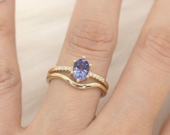 Art Deco Natural Blue Tanzanite Engagement Ring Set 14k Gold Tanzanite Wedding Promise Ring Set Antique 2 Bridal Ring Set, Anniversary Gift