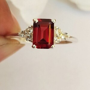Natural Red Garnet Ring 14k Gold Engagement Ring & Sterling Silver Garnet Ring January Birthstone Emerald Cut Ring Garnet Solitaire Ring