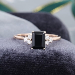 Black Onyx Engagement Ring Emerald Cut 14K Rose Gold Engagement Ring Cluster Ring CZ Diamond Bridal Ring Promise Ring Anniversary Gift