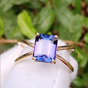 Dark violet color blue tanzanite Zoisite gemstone emerald cut 2 carat engagement cross shank ring 925 silver December birthstone month ring