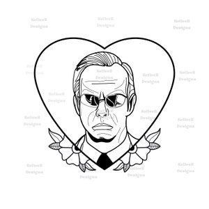 Puede incluir: Un dibujo en blanco y negro de un hombre con gafas de sol y traje. El hombre está dentro de una forma de corazón. La imagen es un diseño de tatuaje.