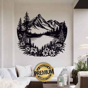 Art mural en métal floral lac et montagne, cadeau pour la fête des mères, suspension murale en métal lac et montagne, paysage paisible, décoration murale forêt de pins