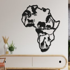 Tierreich Metallwandkunst, Serengeti-Wanddekor, Afrika-Karte Wandbehang, Housewarminggeschenk, Safari-Tiere Wandkunst, afrikanische Savanne