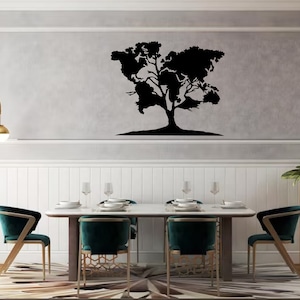Arte de la pared del metal del mapa del mundo del árbol, decoración de la pared del árbol, colgante de la pared del mapa del mundo del metal, decoración de la pared única, arte de la pared del metal grande, regalo del día de San Valentín