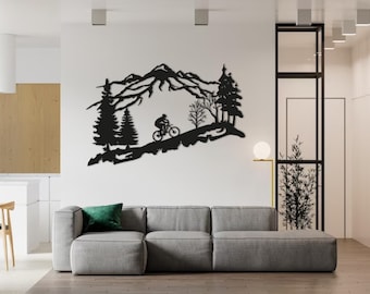 Mountain Biker Metal Wall Art, Mountain, Tree and Cyclist Wall Decor, Mountain and Forest Landscape, Valentines&#39; Day Gift,Bicycle Lover Gift