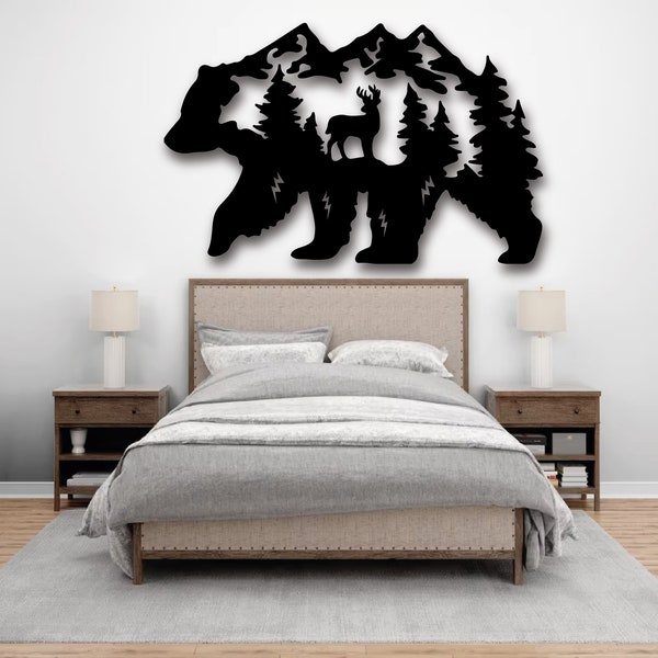 Metal Bear Mountain Forest Wall Art,Deer Wall Decor,Large Metal Wall Art,Wildlife Lover Gift,Housewarming,Gift Father, Valentine's Day Gift