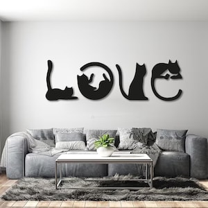 Love Cats Metall Wandkunst, Wanddekor im Love-Thema, Katzen Wandschild, Katzensilhouette, Katzenliebhaber Geschenk, Katzendesign mit Liebesbrief, Valentine Geschenk