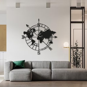 Weltkarte mit Kompass Design Metall Wandkunst, Navigations Kunstwerk, Geographische Karte Kompass, Weltkarte Kompass, Innendekoration