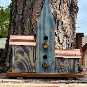 Large Handmade Church Birdhouse: Shou Sugi Ban Rustic Blue Wood