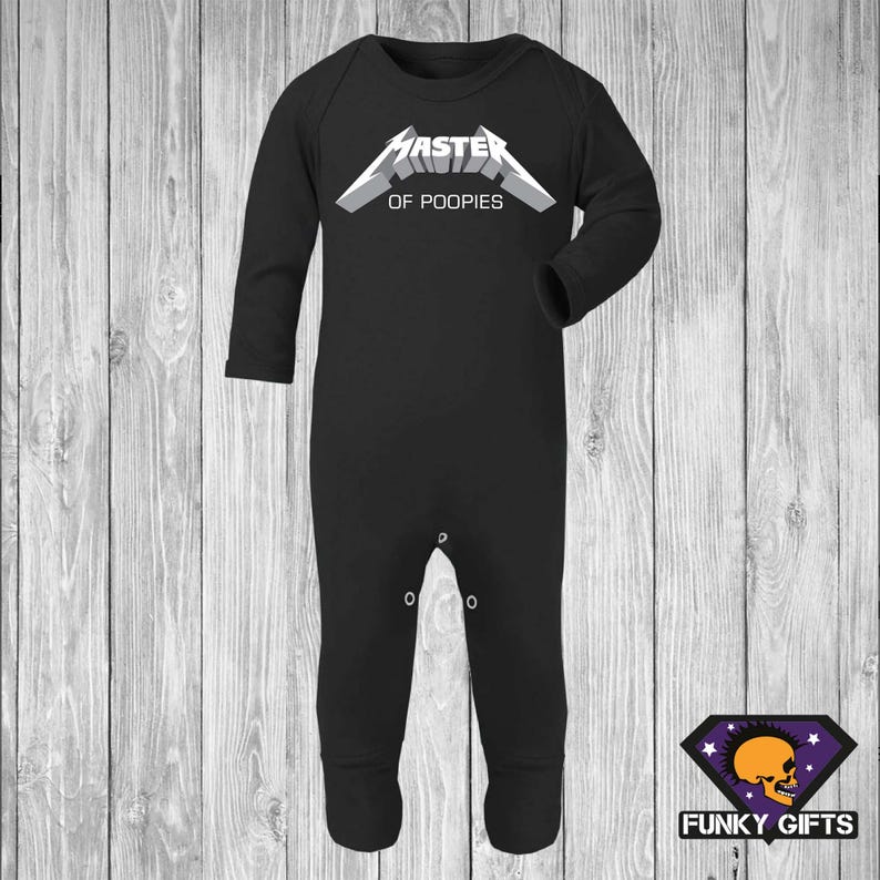 May include: Black baby onesie with a white graphic that says "Master of Poopies" in a metal band font.