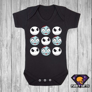 May include: Black baby grow with a repeating pattern of Jack Skellington and Sally's faces from The Nightmare Before Christmas.