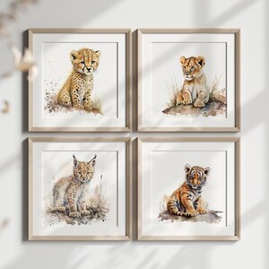 BABY WILD CATS - Set of 4 printable pictures; Lion, Tiger, Lynx, Leopard, Cheetah, Poster, Wall art, Ai generated art, Minimalist