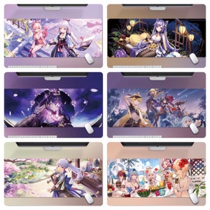 May include: Set of six colourful anime-style mouse mats featuring various characters and scenes. The mouse mats are rectangular and have a smooth surface.