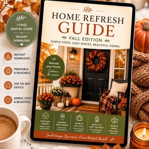 May include: A digital 7-page Home Refresh Guide Fall Edition featuring a front porch with a black door, autumn wreath, potted chrysanthemums, and pumpkins. The guide includes sections for planning, decorating, lighting, and seasonal enjoyment.