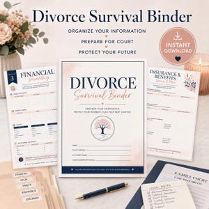 Può includere: Un set di documenti Divorce Survival Binder che include una pagina di copertina con un'illustrazione di un albero, fogli di inventario finanziario, moduli assicurativi e note legali con campi di testo per nomi e dettagli.
