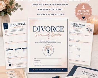 May include: A Divorce Survival Binder document set featuring a cover page with a tree illustration, financial inventory sheets, insurance and benefits forms, and legal notes. The pages include text fields for names, dates, and case details.