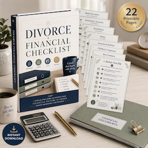 May include: A Divorce Financial Checklist binder with a stack of 22 printable pages, a calculator, a gold pen, and a folder labeled Financial Documents. The cover features the text Divorce Financial Checklist and a dark blue mug with white text.