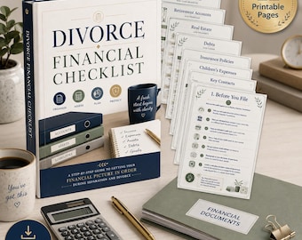 May include: A Divorce Financial Checklist binder with a stack of 22 printable pages, a calculator, a gold pen, and a folder labelled Financial Documents. The cover features the text Divorce Financial Checklist and a dark blue mug with white text.