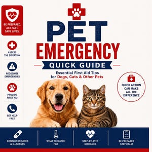 May include: A Pet Emergency Quick Guide poster featuring a golden retriever and a tabby cat. The text reads: Pet Emergency Quick Guide, Essential First Aid Tips for Dogs, Cats & Other Pets, Be Prepared. Act Fast. Save Lives, and Quick Action Can Make All The Difference.