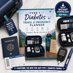 Puede incluir: Un planificador de viajes y emergencias para diabetes tipo 1 con una portada de lago de montaña, acompañado de un pasaporte azul, tarjeta de embarque, etiqueta de equipaje, insulina, un glucómetro, una botella y un cuaderno.