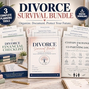 Puede incluir: Un paquete de supervivencia para el divorcio que incluye tres herramientas de planificación impresas: una lista de control financiera, una carpeta de supervivencia y un registro de custodia y coparentalidad. Los documentos incluyen secciones para cuentas bancarias, deudas, fechas importantes y registros de comunicación.