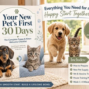 May include: A digital guide titled Your New Pet's First 30 Days, The Complete Puppy & Kitten Welcome Checklist. The cover features a dachshund puppy and a tabby kitten. It includes a PDF download icon and a list of features like a vet tracker.