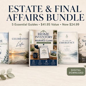 Pode incluir: Um pacote Estate & Final Affairs Bundle contendo cinco guias essenciais intitulados Care Coordination Binder, A Celebration of Life, Home Inventory and Insurance Claims, In Case of Emergency Planner e What to Do When Someone Dies, disponível para download digital.