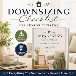 以下が含まれることがあります： Downsizing Checklist for Senior Citizensというタイトルのデジタル製品で、17ページの印刷可能なページが含まれています。表紙には、椅子、植物、Less stuff. More freedom. New beginnings.と書かれた看板がある居心地の良いリビングルームのシーンが描かれています。