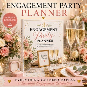 May include: An engagement party planner book with a white cover featuring gold accents, pink text, and a ring icon. The cover reads Engagement Party Planner, Plan a beautiful celebration to honor your love story. Includes a small framed sign reading here's to forever.