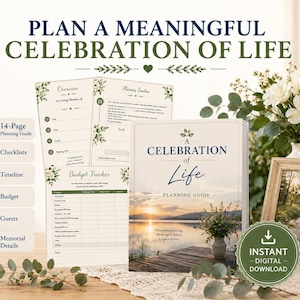 以下が含まれることがあります： 14ページの人生の祝賀計画ガイド。夕暮れの湖の風景と「A CELEBRATION OF LIFE PLANNING GUIDE」というテキストが表紙にあります。チェックリスト、タイムライン、予算トラッカー、ゲストリスト、記念の詳細セクションが含まれています。