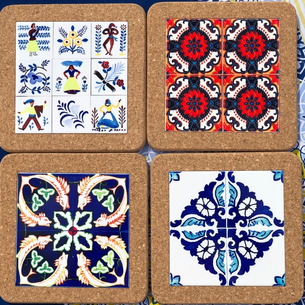 KIT 4 Azulejos / SET of 4 Cork Base With Ceramic / Cork Art / Cork Coaster / Kitchen Utensils / Ceramic Tile