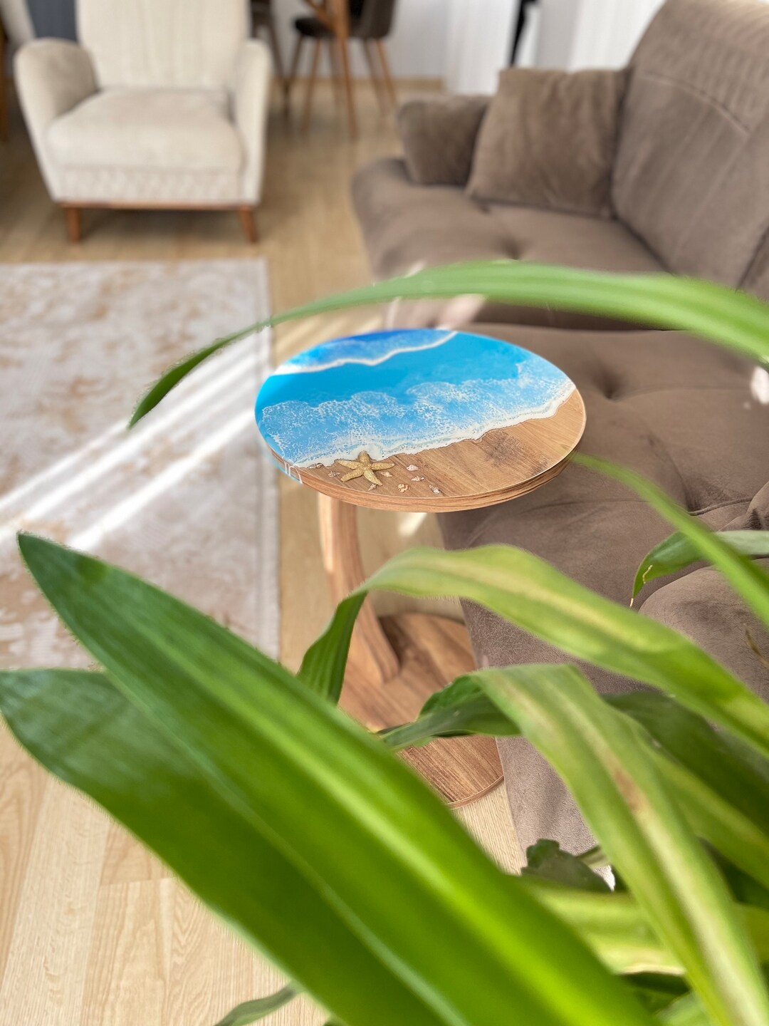 Wooden Resin C Side Table Epoxy Ocean Resin Round Coffee Table
