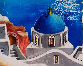Fresco Painting/Original painting/Signed/Art/Landscape/Thira/Caldera view/Greek Orthodox Church/Collectible Art