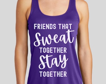 Camiseta sin mangas de espalda cruzada "Amigos que sudan juntos", ideal para entrenar en grupo.