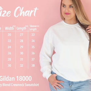 Puede incluir: Tabla de tallas para una sudadera con cuello redondo Gildan 18000 Heavy Blend. La tabla muestra el ancho, la longitud y la longitud de la manga en pulgadas para las tallas S a 3XL.