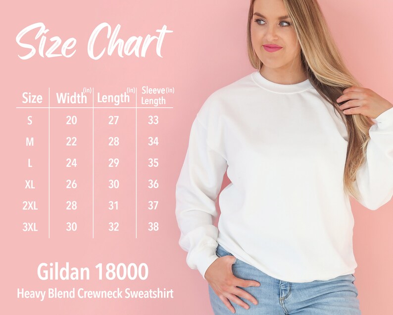 Puede incluir: Tabla de tallas para una sudadera con cuello redondo Gildan 18000 Heavy Blend. La tabla muestra el ancho, la longitud y la longitud de la manga en pulgadas para las tallas S a 3XL.