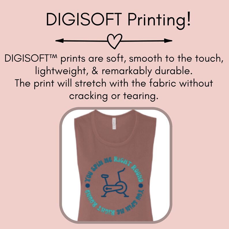 May include: A sleeveless, brown tank top with a blue graphic of a stationary bike and the text "YOU SPIN ME RIGHT ROUND" in a circular design. The top is made of a soft, lightweight material.