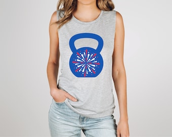 4th of July Fireworks Kettlebell Muscle Tank, Patriotic Workout Shirt, Red White and Blue Tank, Women's 4th of July Tank