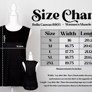 May include: Black muscle tank on a mannequin, with a size chart. The chart shows measurements in inches for sizes S to 2XL. Width measurements range from 16 to 19.75 inches, and length measurements range from 20.25 to 22.125 inches.