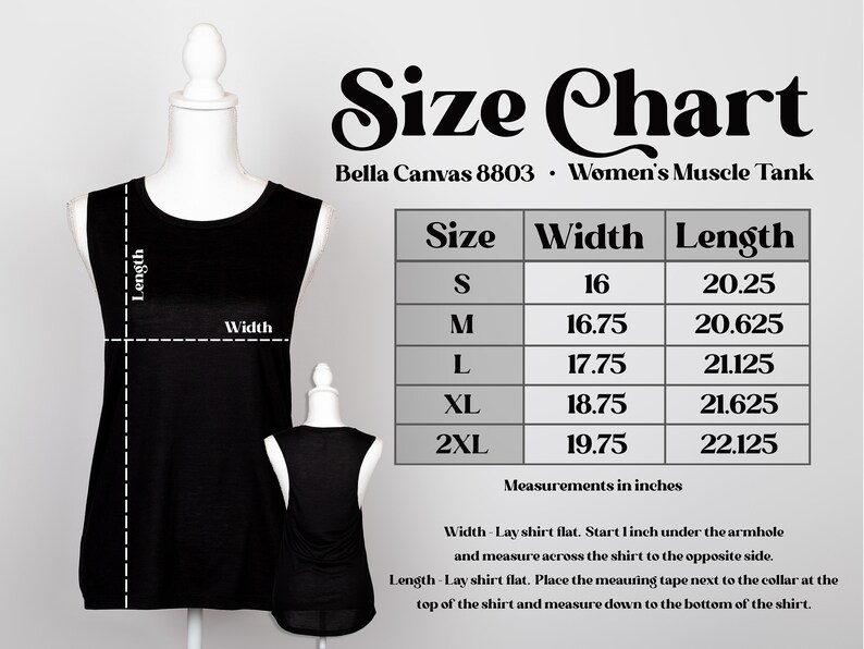 May include: Black muscle tank on a mannequin, with a size chart. The chart shows measurements in inches for sizes S to 2XL. Width measurements range from 16 to 19.75 inches, and length measurements range from 20.25 to 22.125 inches.