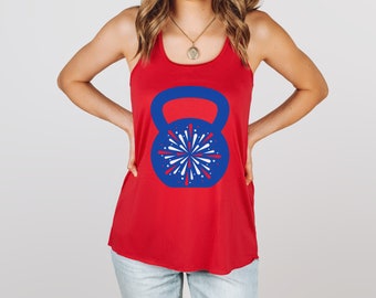 4th of July Fireworks Kettlebell Flowy Racerback Tank, Patriotic Workout Shirt, Red White and Blue Tank, Women's 4th of July Tank