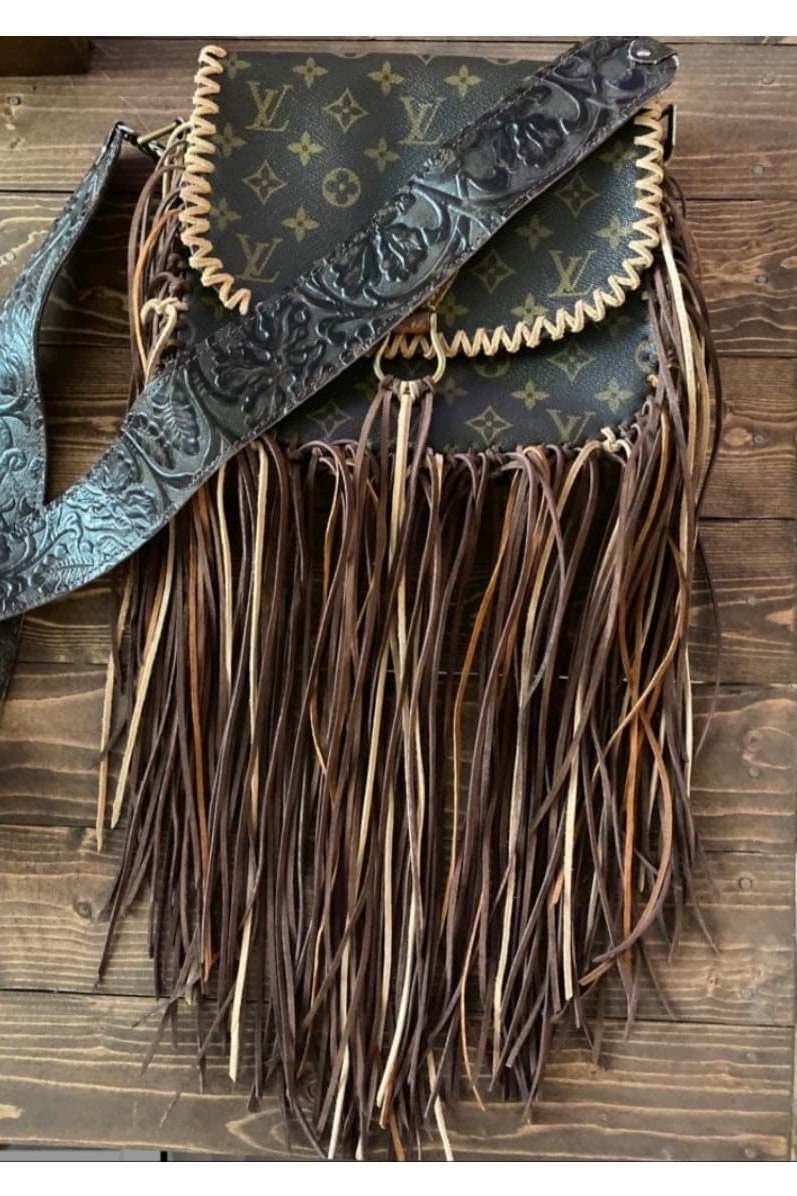 Brown Leather Handbag with Louis Vuitton Patch & Fringed Tassels - Etania  Gems & Jewelry