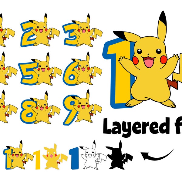 Pokemon Geburtstag Zahlen PNG Pikachu SVG geschichtet Zahl SVG Zahlen Cricut Pokemon Shirt Diy SVG Geburtstag Shirt svg Baby Shirt Diy svg