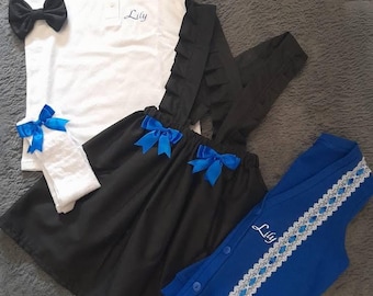 Handmade Personalised Plain school girls outfit set skirt polo shirt hair bow socks cardigan ages 2-16 black royal blue white